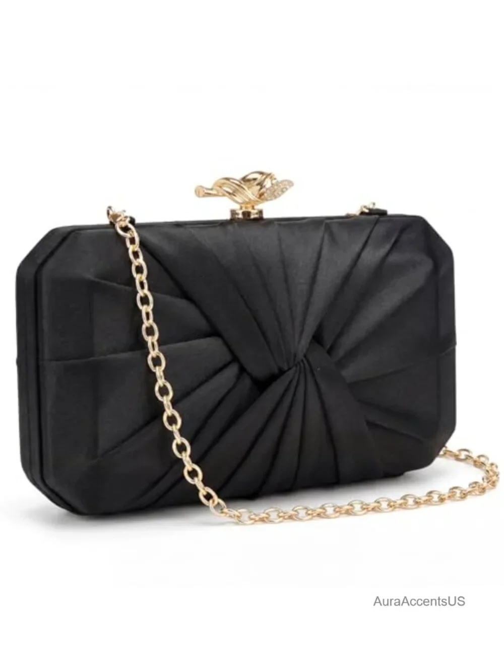 Pleated Satin Clutch with Detachable Chain Strap